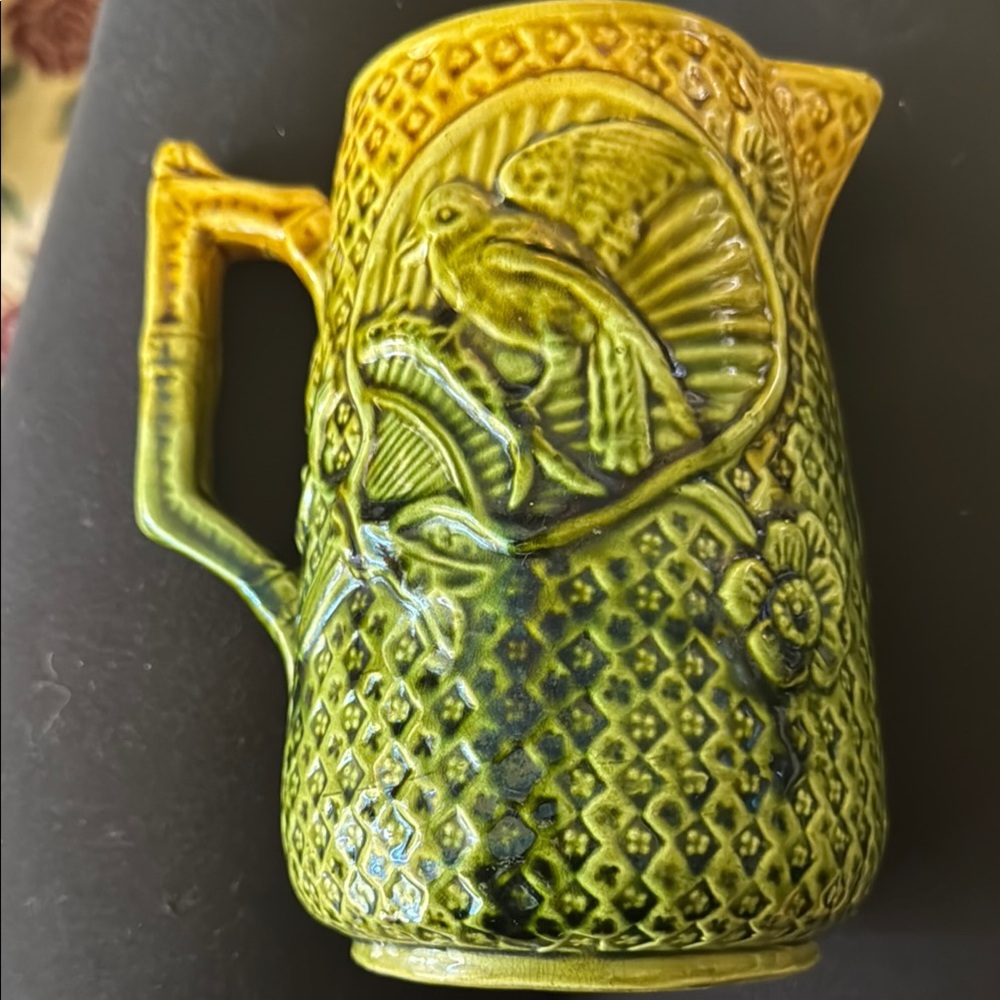 Vintage Ceramic Pitcher with Bird Design - Yellow and Green